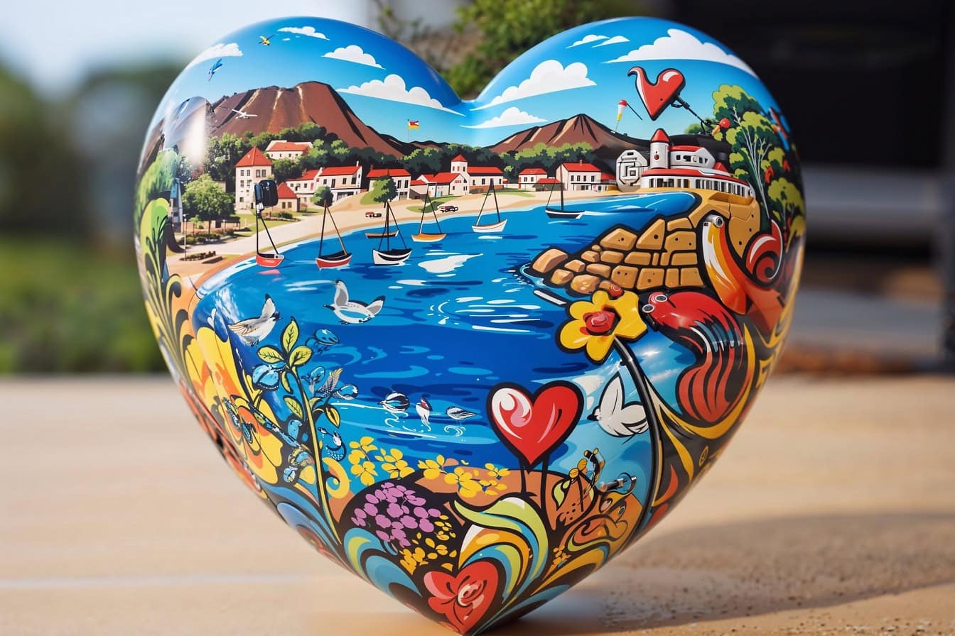 心形纪念品，上面有一幅带有海洋图案的图片，提醒着浪漫的暑假