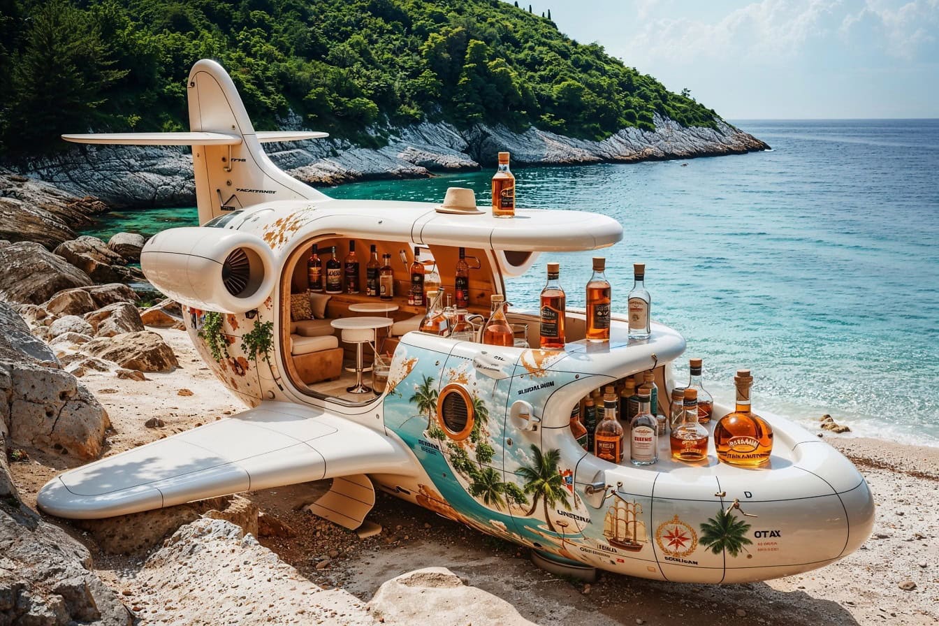 Pesawat kecil berbentuk restoran-bar dengan botol wiski di dalamnya di sebuah pantai di Kroasia
