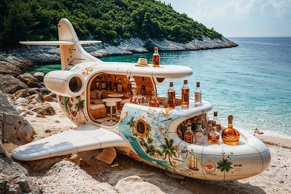 Klein vliegtuig in de vorm van een restaurant-bar met flessen whisky erin op een strand in Kroatië