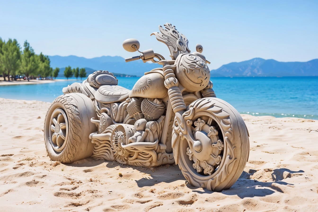 Zandsculptuur van een motorfiets op een strand