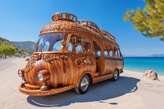 En bobilbuss i tre i hippiestil på en strand