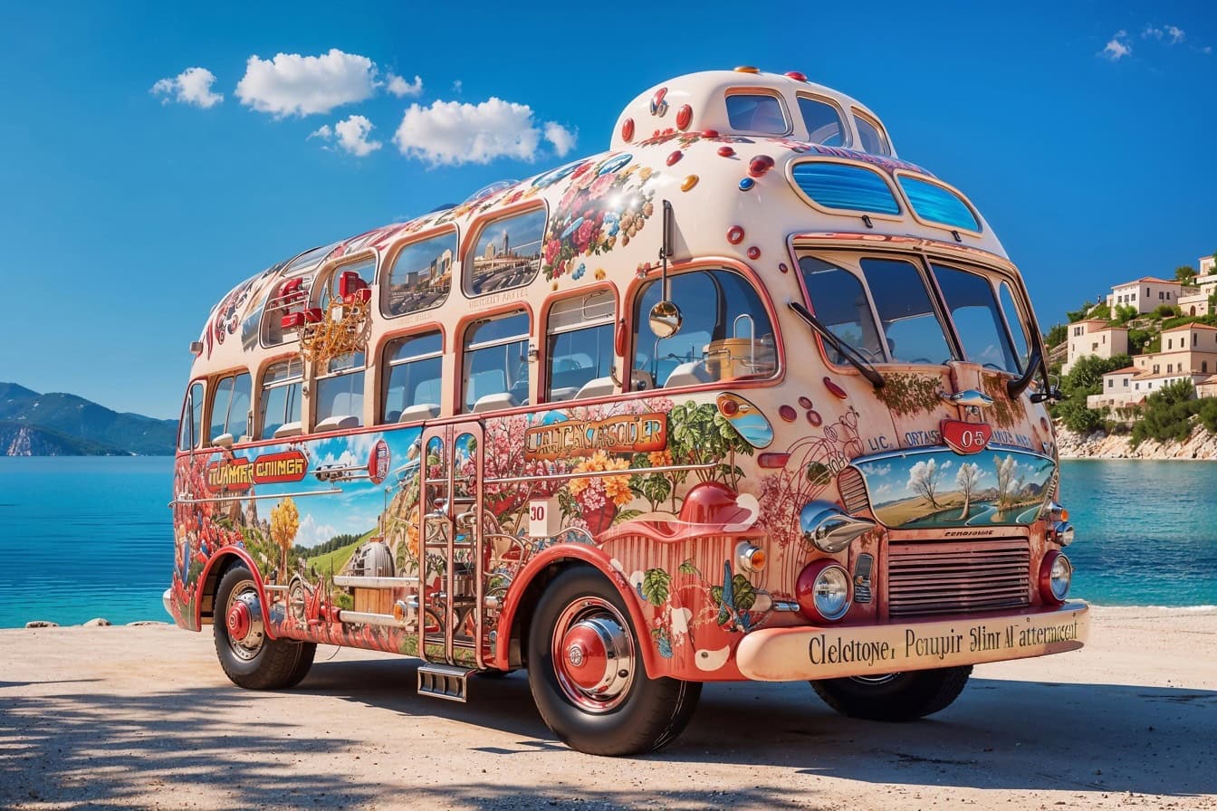 Barevný obytný autobus ve stylu hippies zaparkovaný na pláži Jaderského moře
