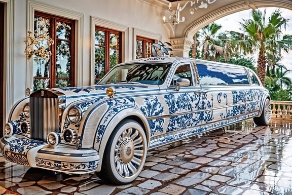 Limo parked on a terrace in front of a luxury villa