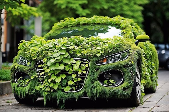 Новый автомобиль, покрытый растениями