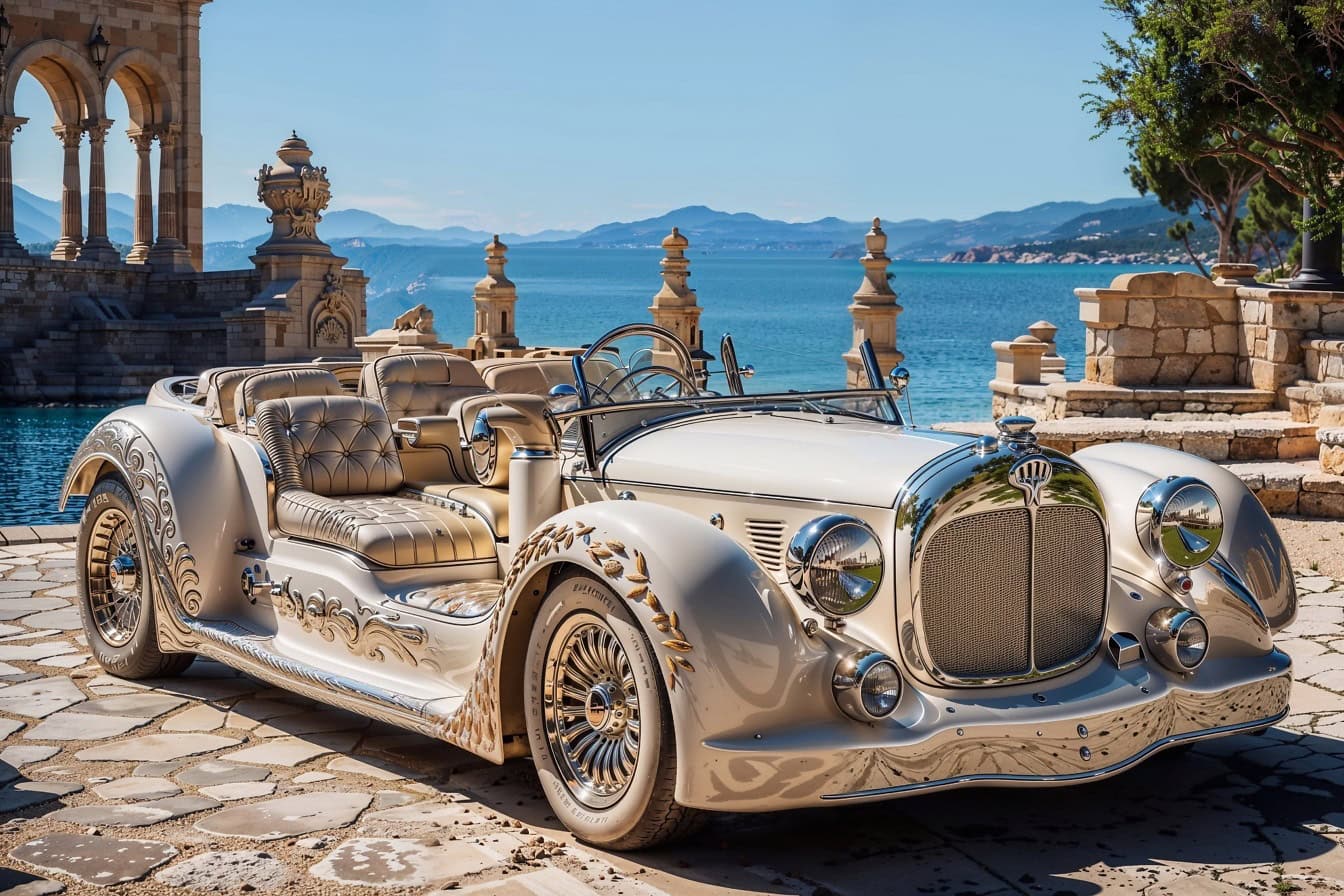 Mobil klasik putih mewah diparkir di teras vila dengan latar belakang laut