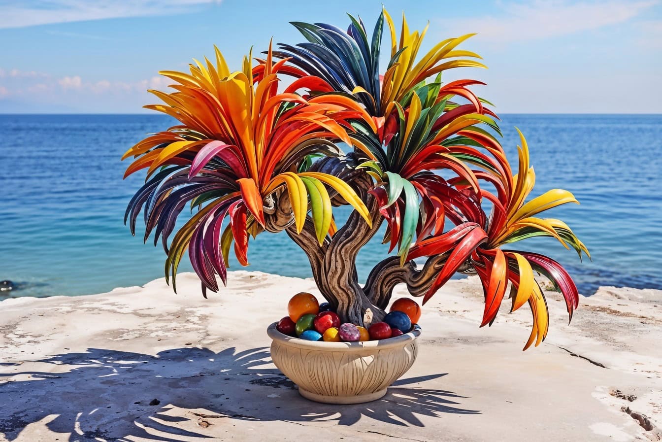 Fargerik plante i en stil med et bonsai-tre med fargerike blader i en blomsterpotte