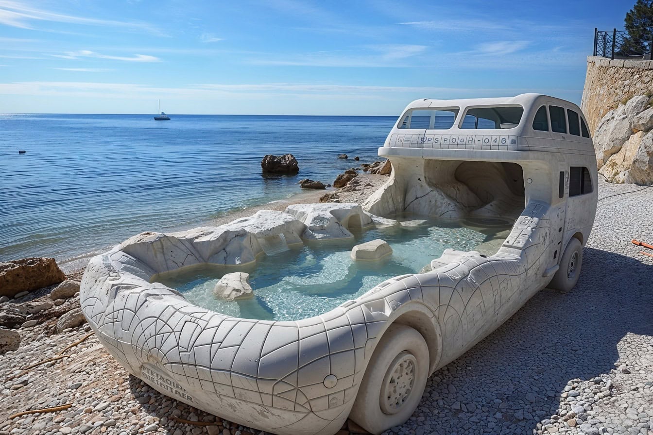 Jacuzzi a forma di auto su una spiaggia