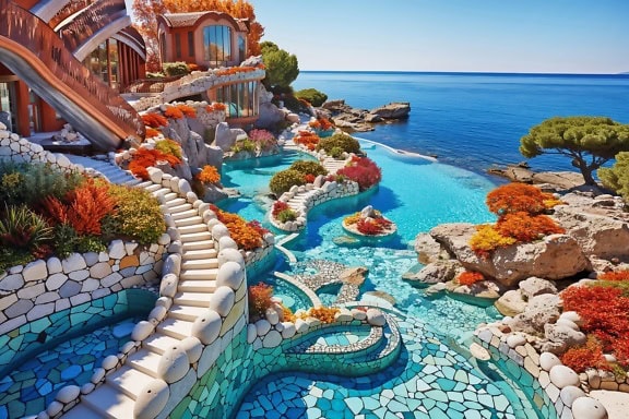 Grande piscina ao ar livre no terraço da villa na Croácia