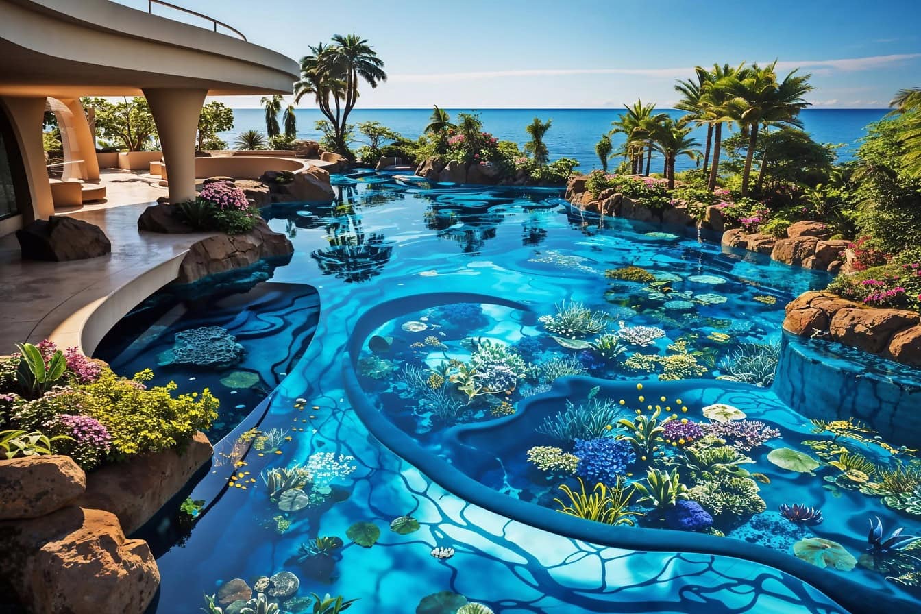 Konsep kolam renang dengan tumbuhan laut dan karang di bawah air