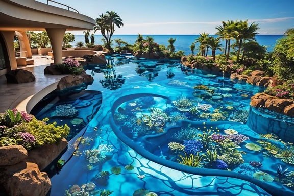 Koncept bazéna s morskými rastlinami a koralmi pod vodou