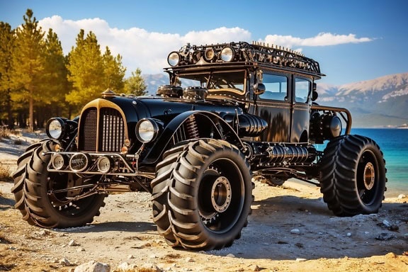 Futuristic black car-truck with large tires on a beach