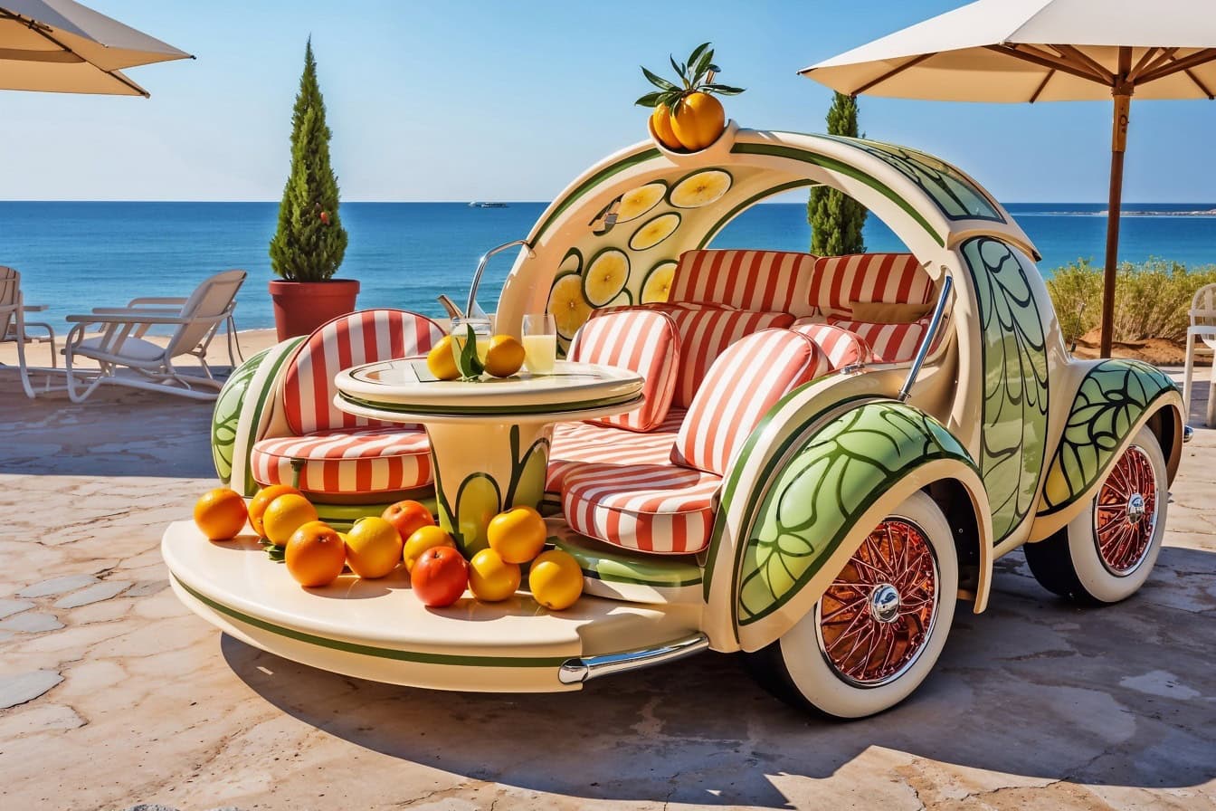 Um sofá em estilo tropical em forma de carro com mesa e frutas em um restaurante com terraço à beira-mar