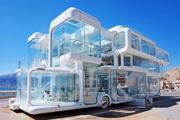 Moderni konsepti futuristisesta liikkuvasta valkoisesta talosta, jossa on lasi-ikkunat minimalistiseen tyyliin