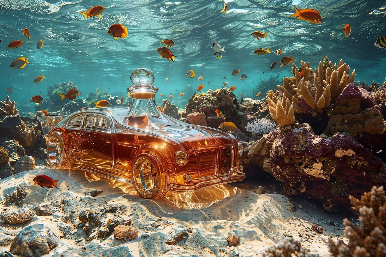 Một chai rượu rum hình chiếc xe hơi với rượu rum bên trong chìm dưới nước trên một rạn san hô cát