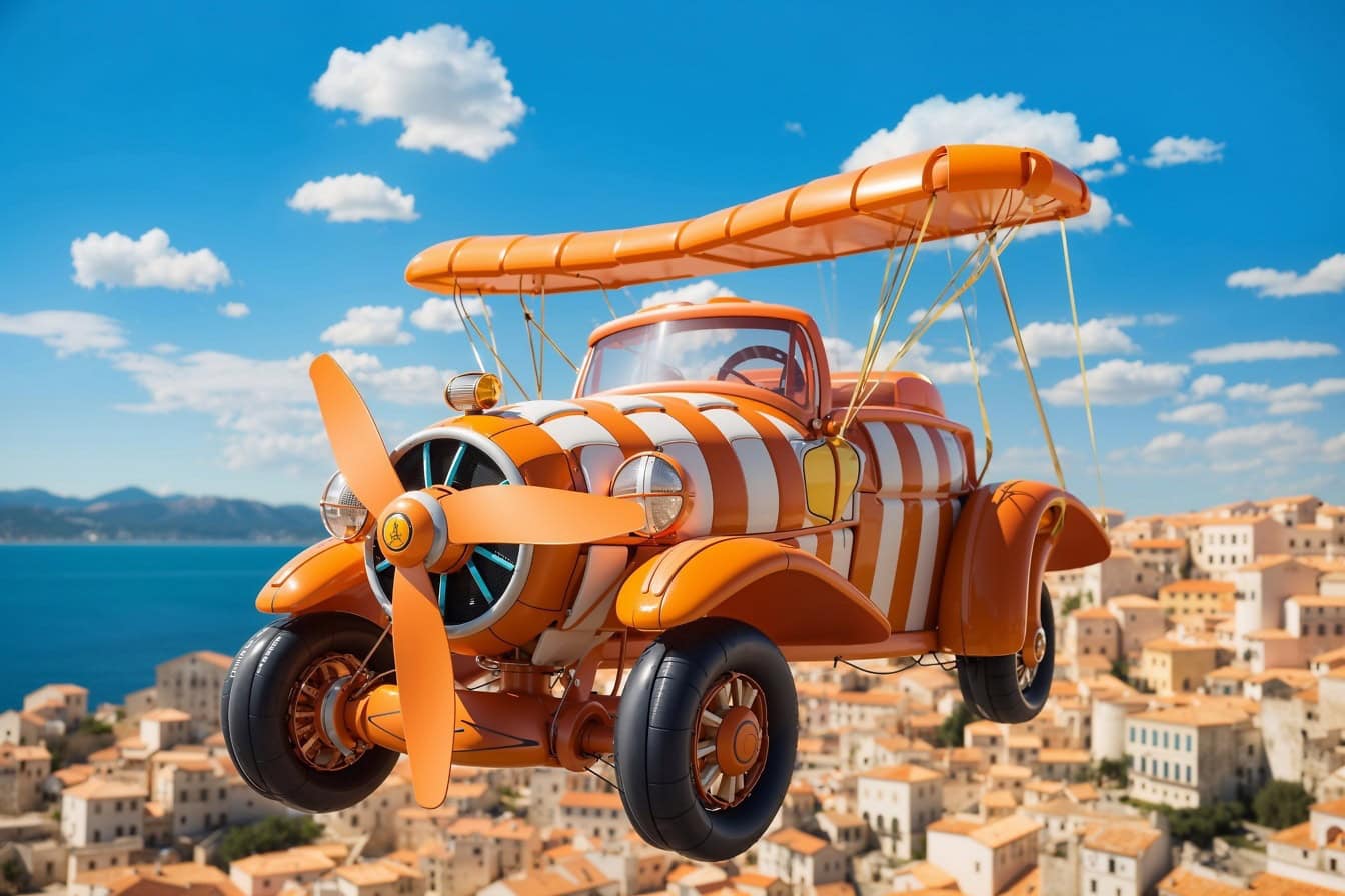 Fotomontage van een oranje speelgoed-vliegtuigje in de vorm van een oude klassieke auto die over de stad vliegt