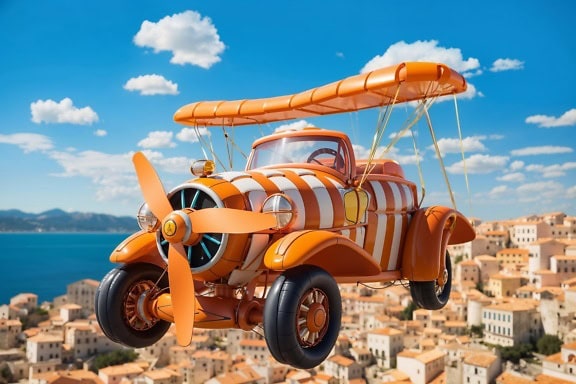 Fotomontaža narančaste igračke-aviona u obliku starog klasičnog automobila koji leti iznad grada