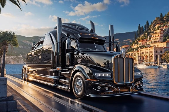 Das Fotomontage-Konzept eines schwarzen Luxus-Trucks der Zukunft, der am Strand geparkt ist