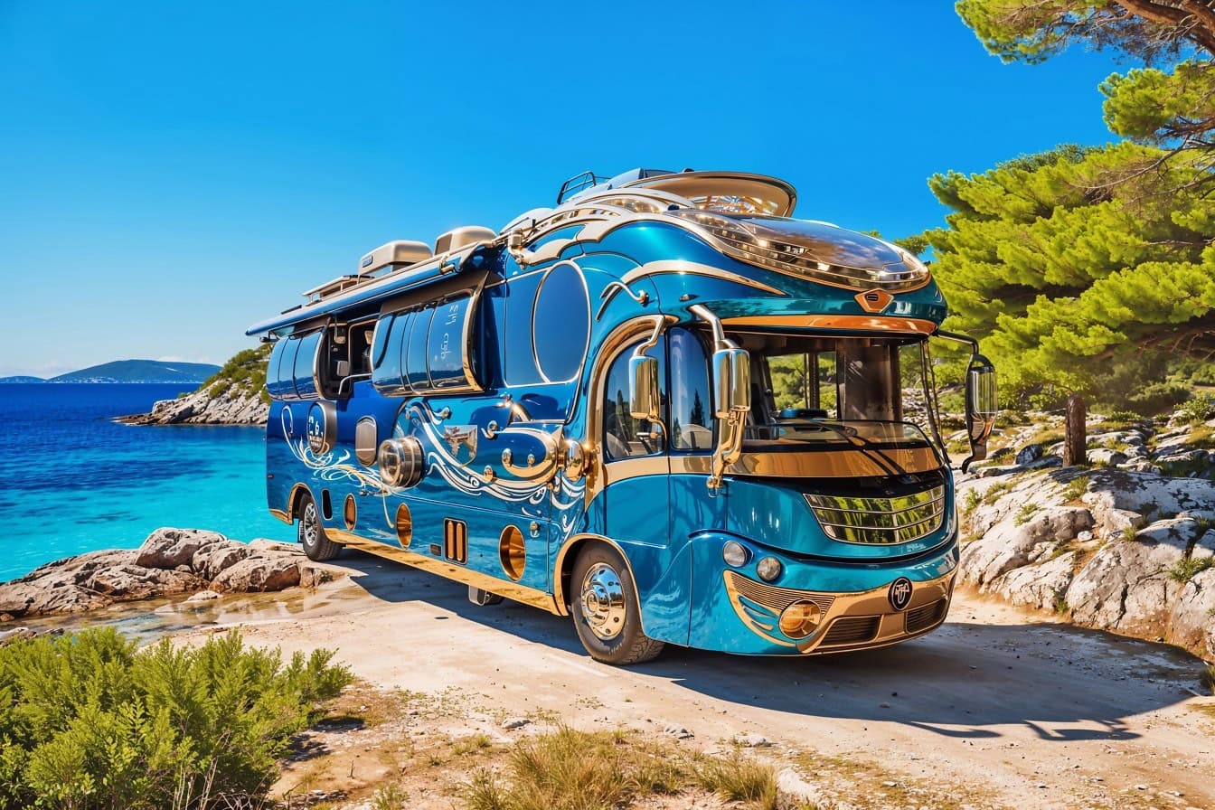 Een luxe donkerblauwe en gouden camperbus op een onverharde weg in Kroatië