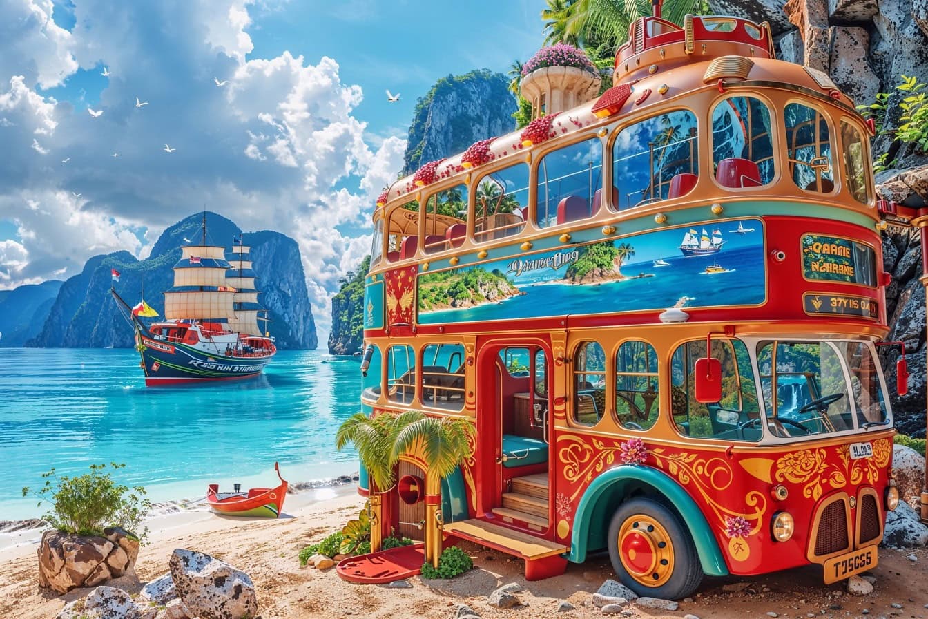 Een fotomontage van een kleurrijke hippie dubbeldekkerbus aan het strand