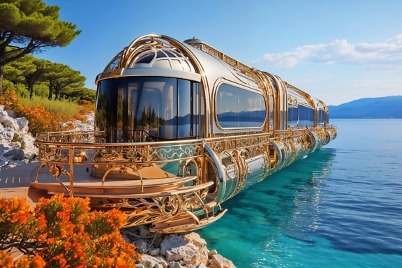 Concept of a futuristic floating boat-train on the water in Croatia