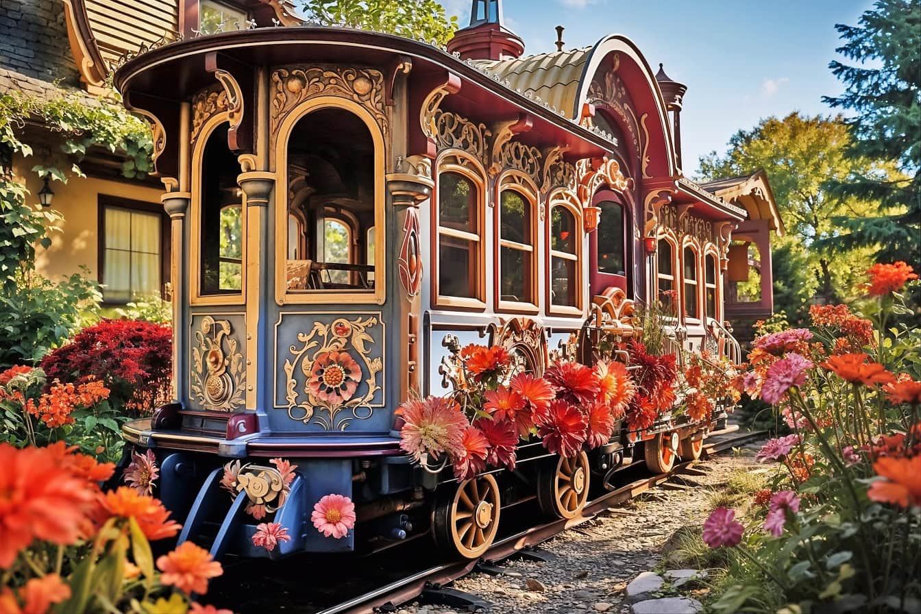 Magiczny bajkowy pociąg w stylu wiktoriańskim z rzeźbami i dekoracjami kwiatowymi w cudownym ogrodzie