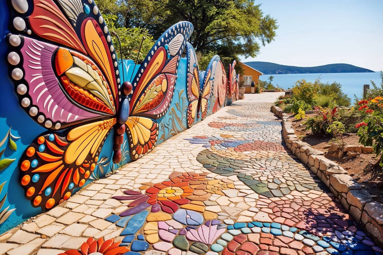 크로아티아의 해변에 나비 모양의 조각품이 있는 벽이 있는 다채로운 돌로 놓인 통로