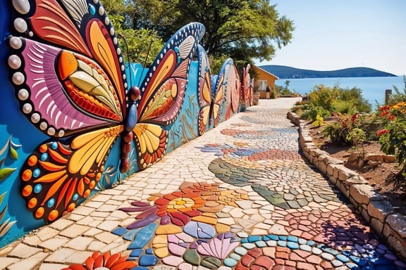 Ein mit bunten Steinen ausgelegter Weg mit einer Mauer mit Skulpturen in Form eines Schmetterlings am Strand in Kroatien