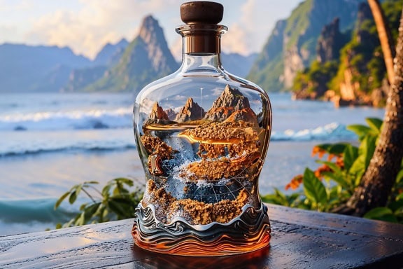 Gjennomsiktig glassflaske med et majestetisk landskap inni