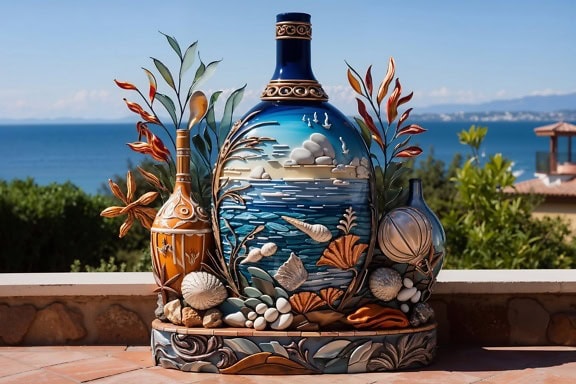 Skulptur af en vinflaske på en terrasse i Kroatien