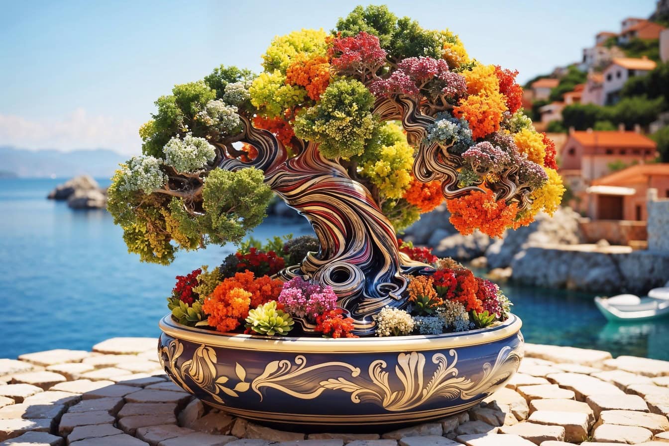 Ingemaakte kleurrijke bonsaiboom met kleurrijke bloemen in antieke bloempot