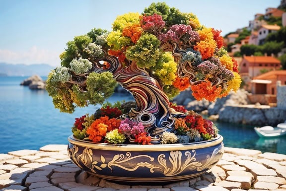 Potted colorful bonsai tree with colorful flowers in antique flowerpot