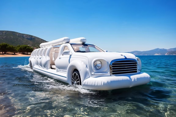 Grafisk illustration av en vit uppblåsbar limousine i det grunda vattnet