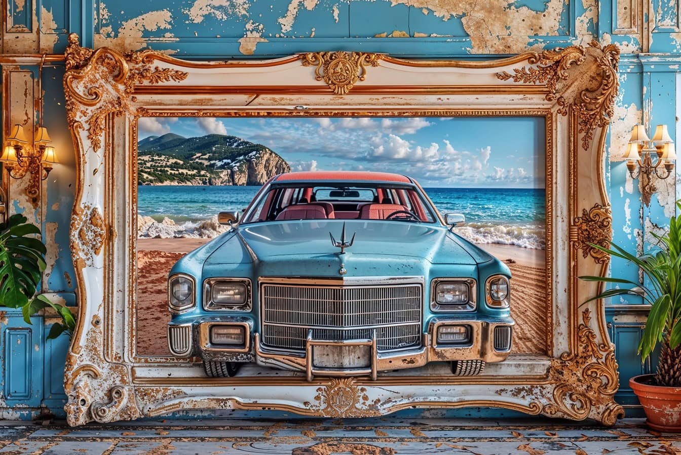 O imagine 3D mare a unei mașini clasice americane Cadillac atârnă pe un perete într-un cadru victorian vechi