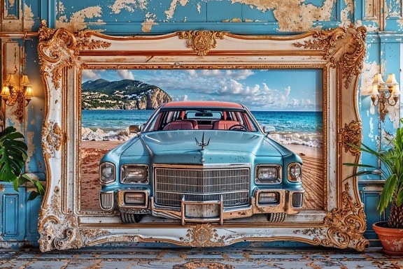 Một bức tranh 3D lớn về một chiếc xe Cadillac cổ điển của Mỹ treo trên tường trong một khung Victoria cũ