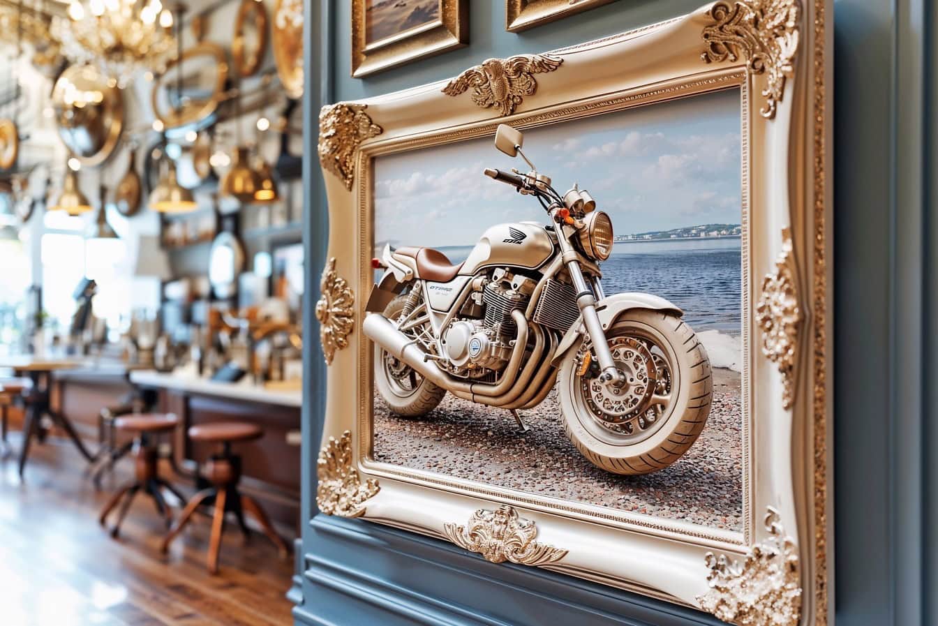 Gambar 3D sepeda motor dalam bingkai foto Victoria tergantung di dinding di dalam kafe-restoran mewah