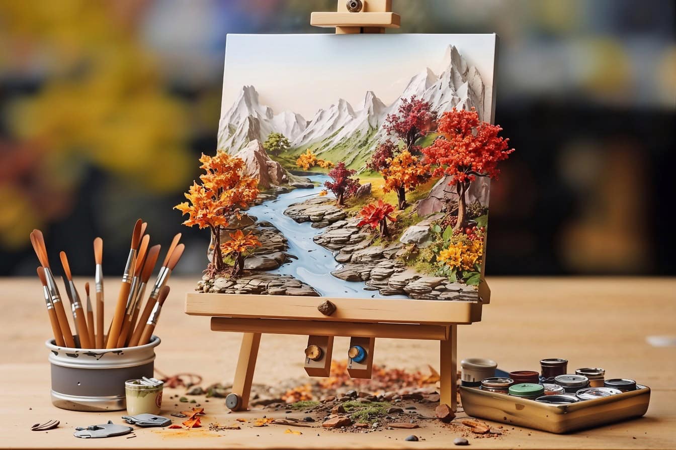 Cavalletto con pittura ad olio tridimensionale in miniatura su tela accanto a pennelli e colori