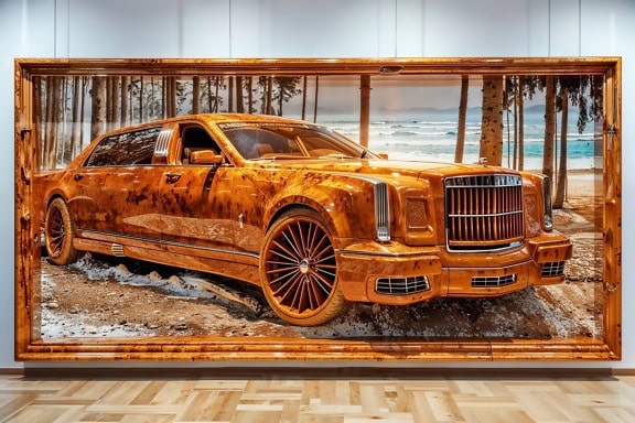 Velkoformátový obraz klasického automobilu visící na stěně muzea
