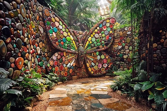 A sculpture of a butterfly made of colorful stones on the wall of the path inside the botanical greenhouse