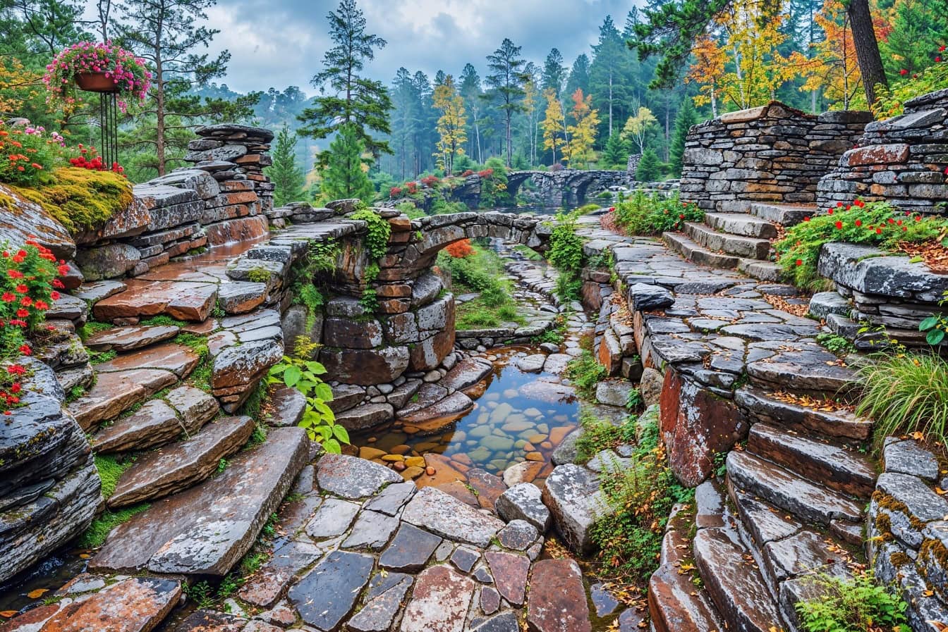 Kamenný most v záhrade v prírodnom parku na horách
