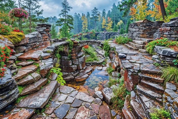 De brug van de steen in de tuin binnen natuurpark in bergen