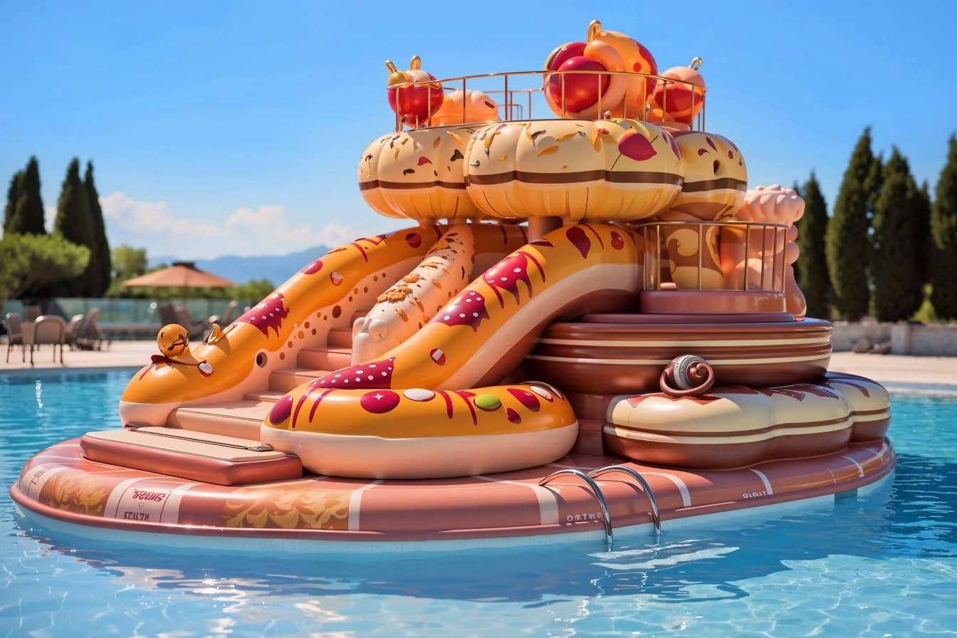 Inflatable slide in the swimming pool of villa