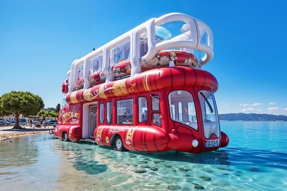Rød oppblåsbar dobbeltdekkerbuss på vannet i en vannfornøyelsespark til sjøs