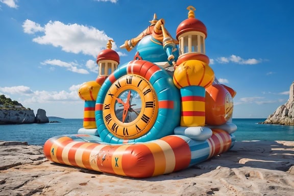Grand château gonflable sur une plage avec une horloge analogique dessus