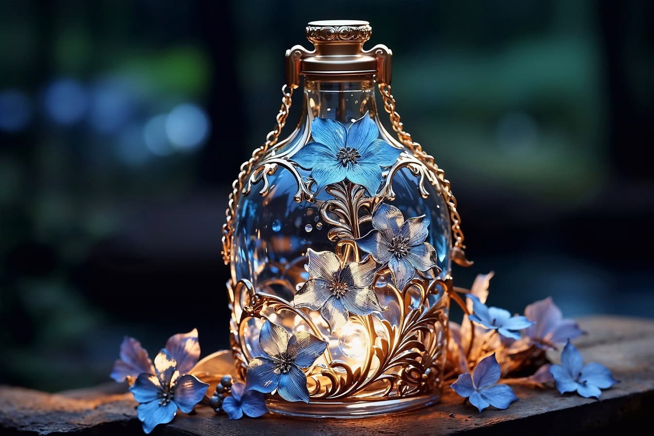 Um frasco de vidro de perfume com obras-primas de decoração de metal de flores sobre ele