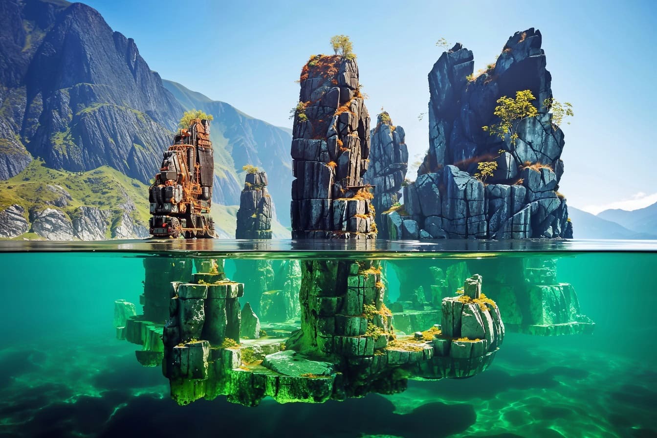 Eine schwimmende Felseninsel über und unter Wasser