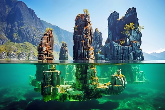 Uma ilha rochosa flutuante acima e abaixo da água