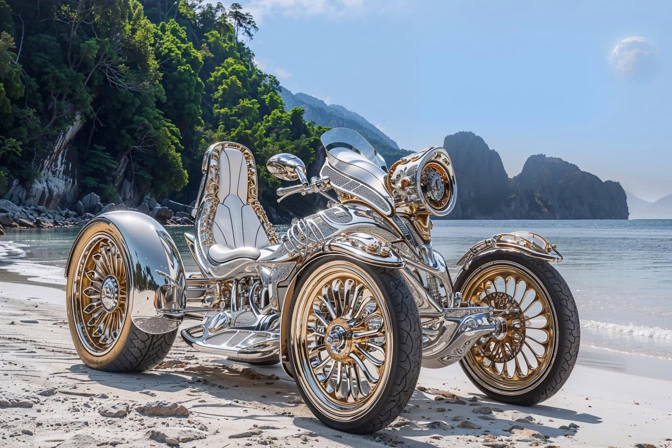 Concetto futuristico di un quad-moto d’argento di lusso su una spiaggia