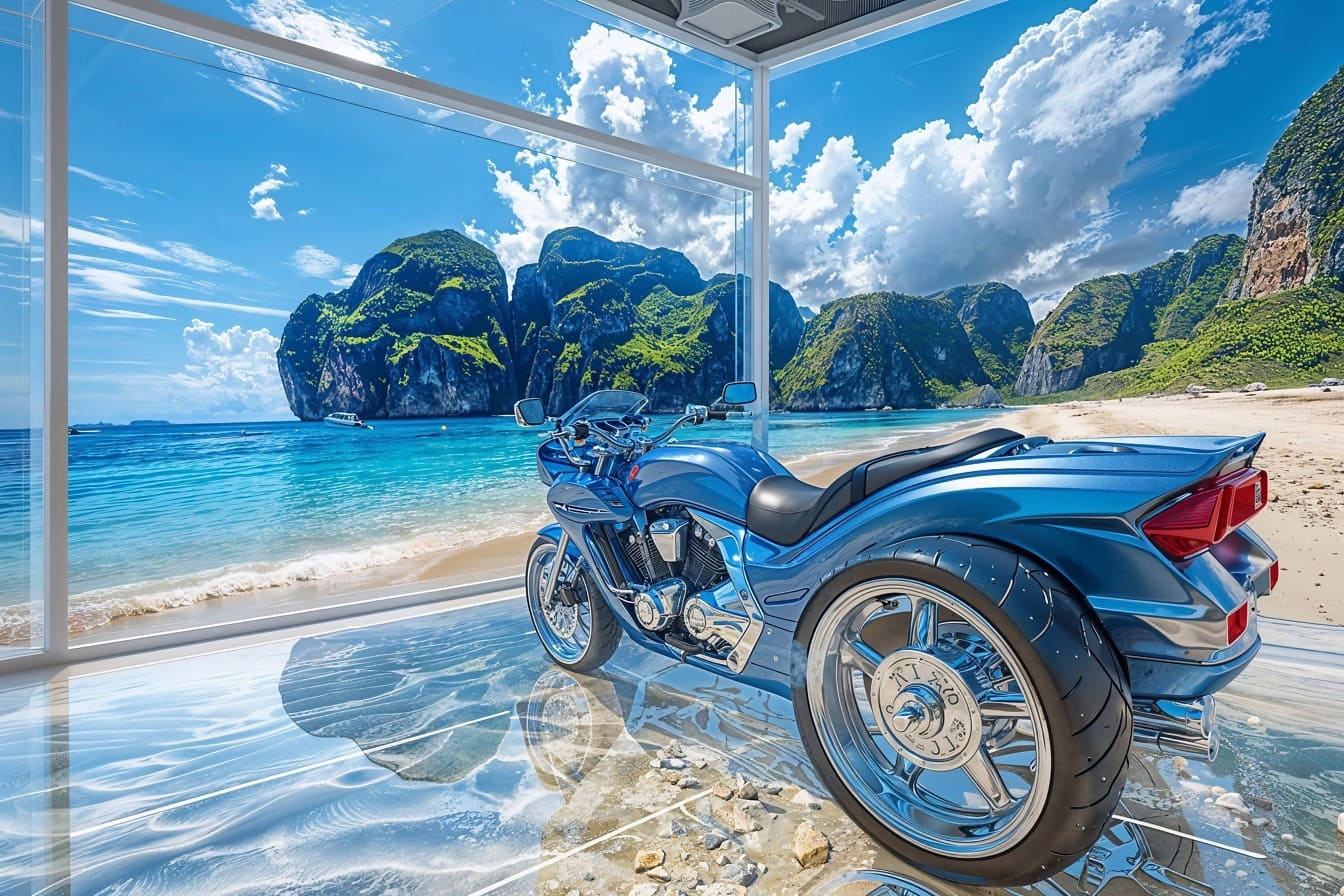 Triciclo azul escuro dentro da sala de vidro vazia em uma praia
