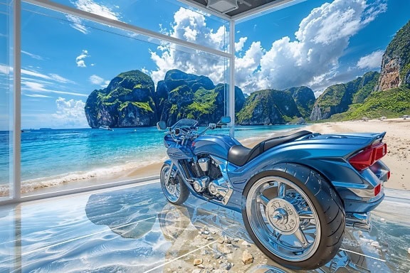 Mörkblå trehjuling inuti tomt glasrum på en strand