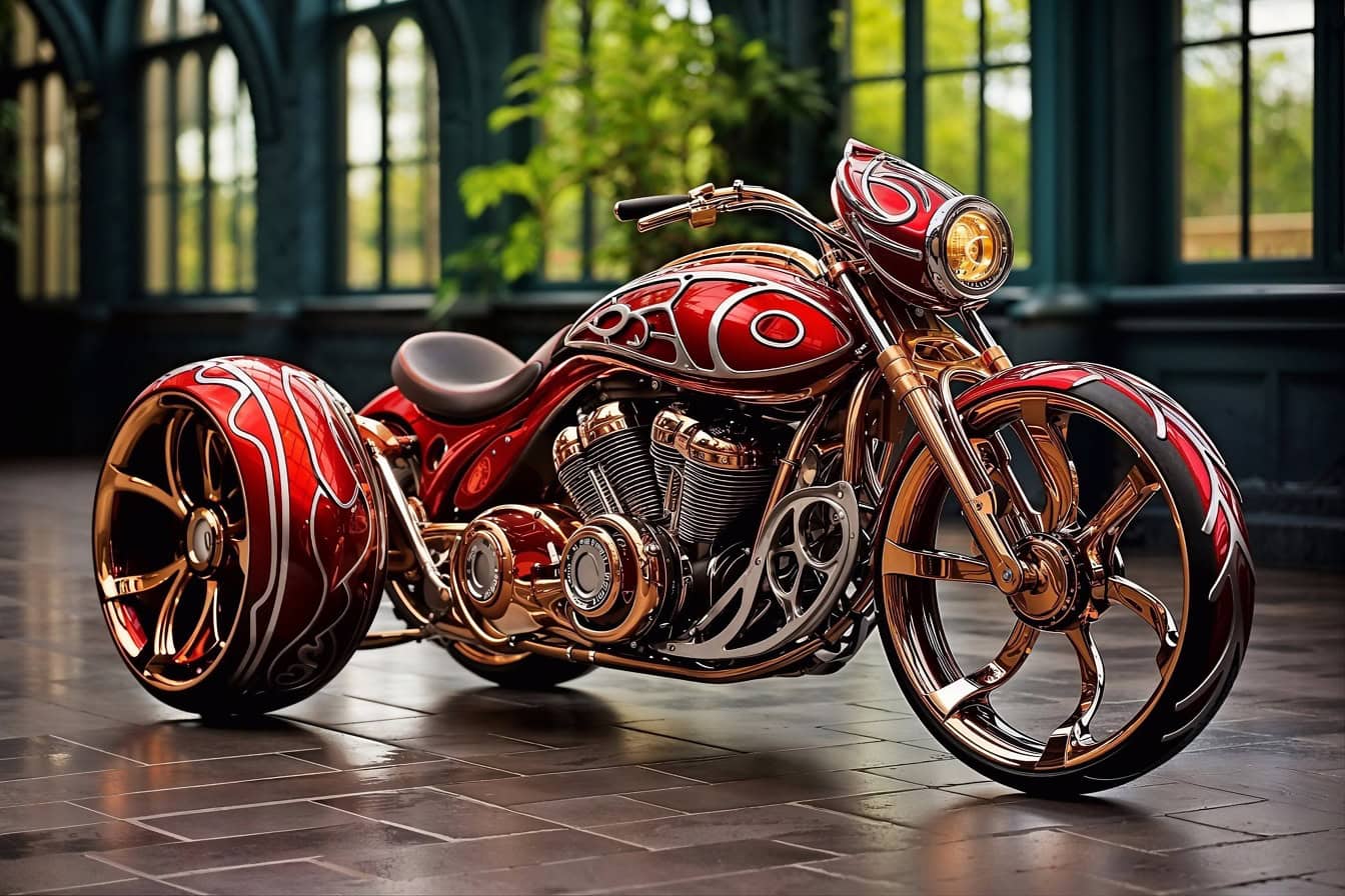 Et futuristisk koncept af en rødlig-guld trehjulet cykel